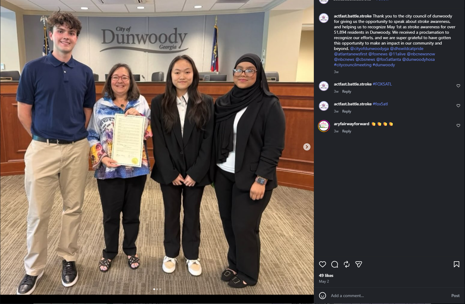 ACT FAST Battle Stroke Instagram announcement showing the Stroke Awareness Day proclamation in Dunwoody with Mayor Lynn Deutsch