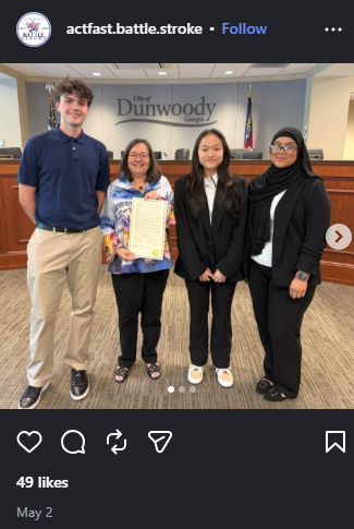 ACT FAST Battle Stroke Instagram announcement showing the Stroke Awareness Day proclamation in Dunwoody with Mayor Lynn Deutsch